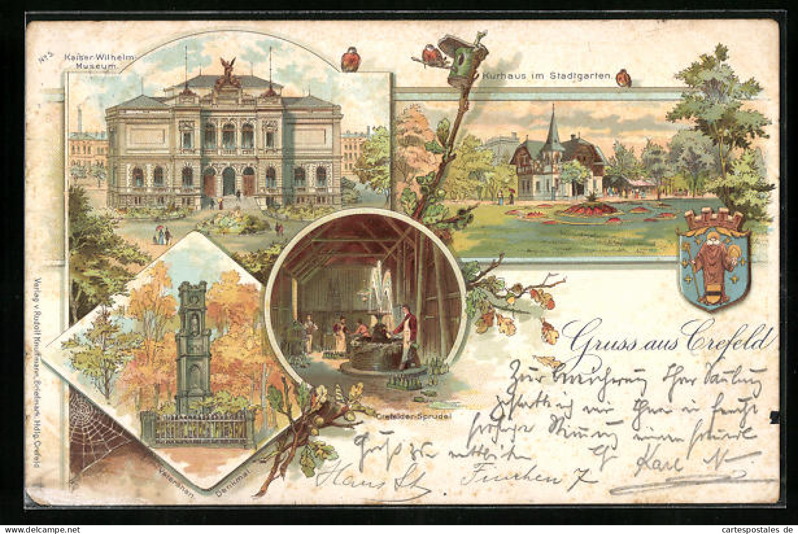 Lithographie Krefeld, Kurhaus Im Stadtgarten, Kaiser-Wilhelm-Museum, Veteranendenkmal, Wappen  - Krefeld