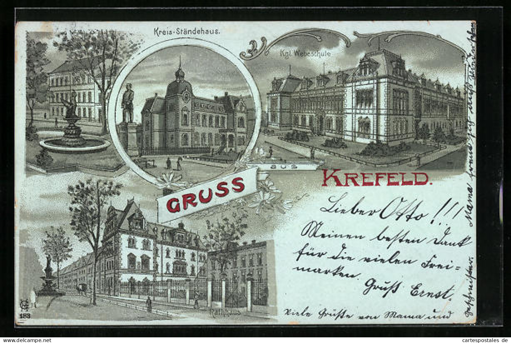 Mondschein-Lithographie Krefeld, Kgl. Webeschule, Rathaus, Kreis-Ständehaus  - Krefeld