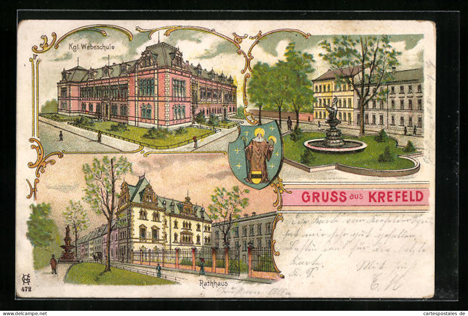 Lithographie Krefeld, Kgl. Webeschule, Rathaus, Brunnen  - Krefeld