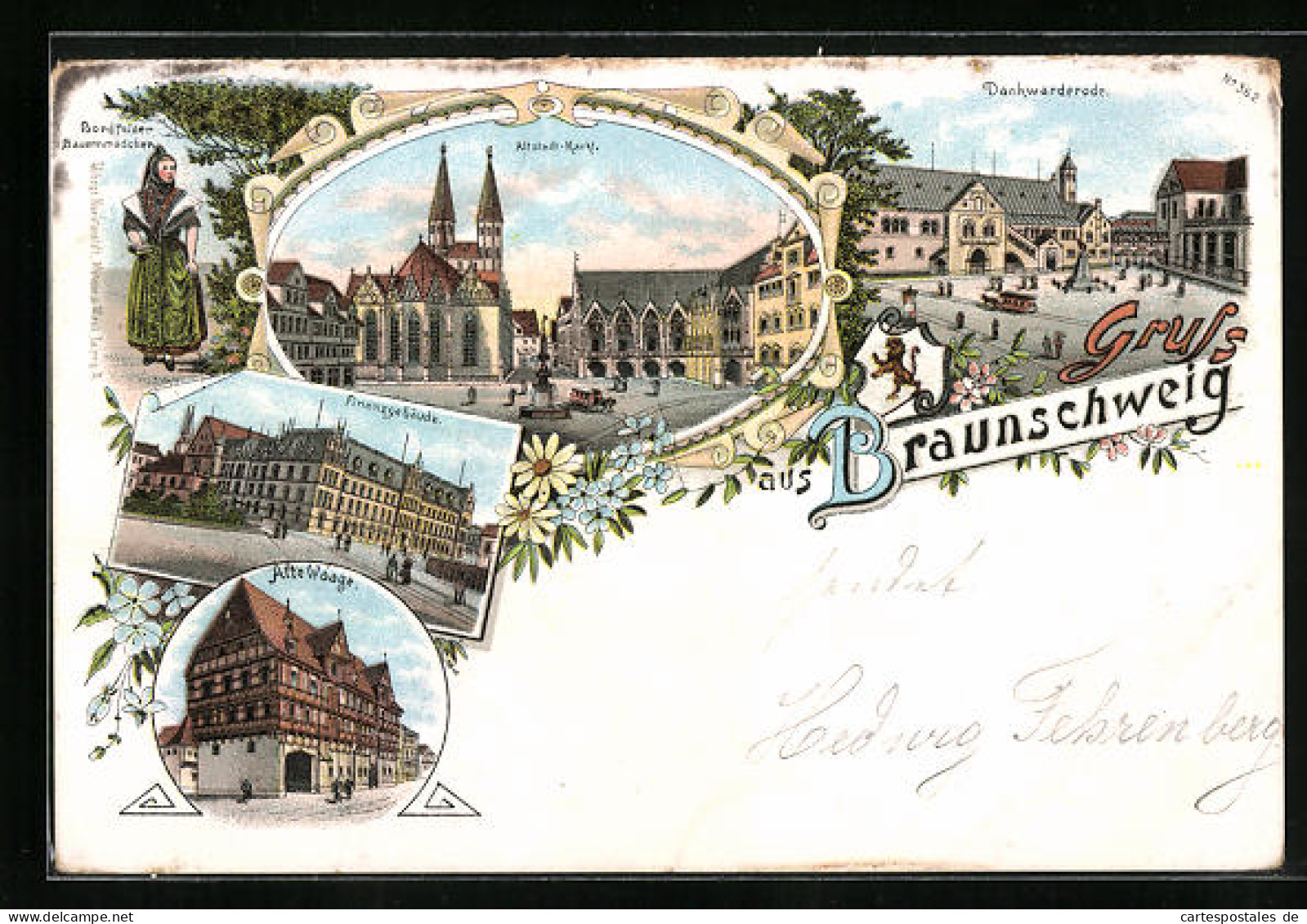 Lithographie Braunschweig, Alte Waage, Dankwarderode, Finanzgebäude  - Braunschweig