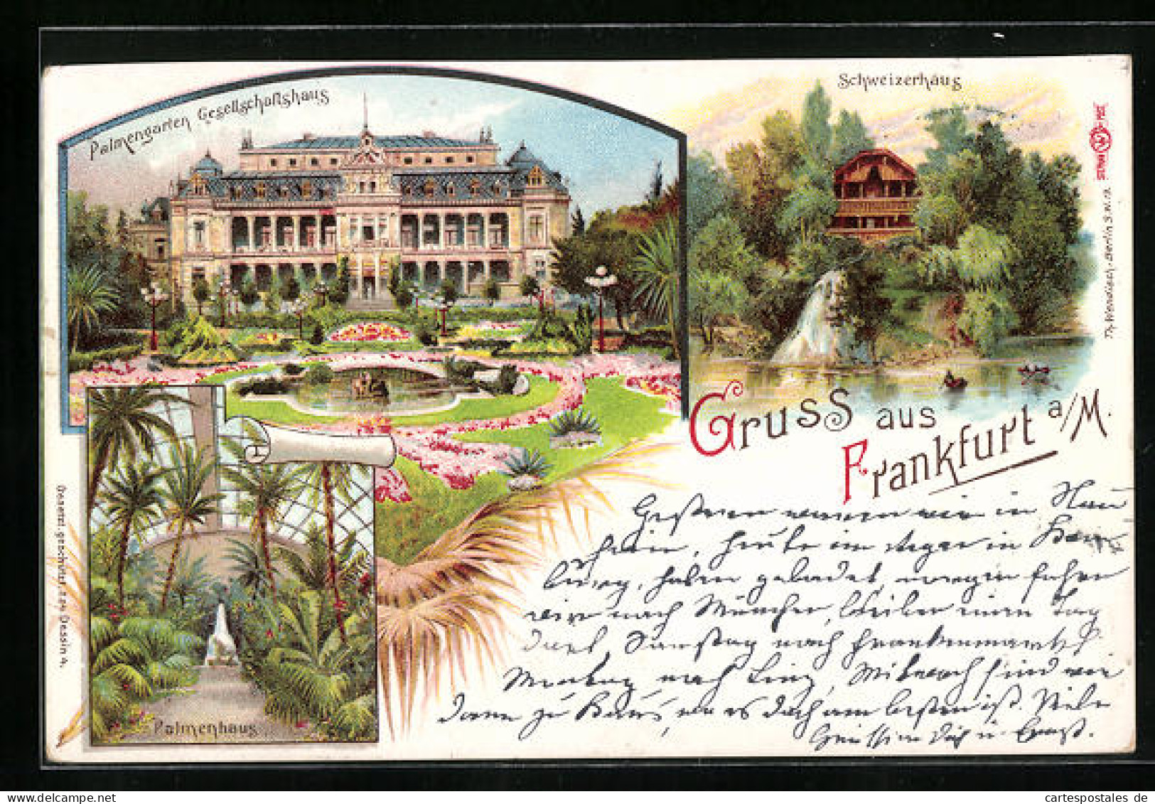 Lithographie Frankfurt-Westend, Palmengarten Gesellschaftshaus, Gasthaus Schweizerhaus, Palmenhaus  - Frankfurt A. Main