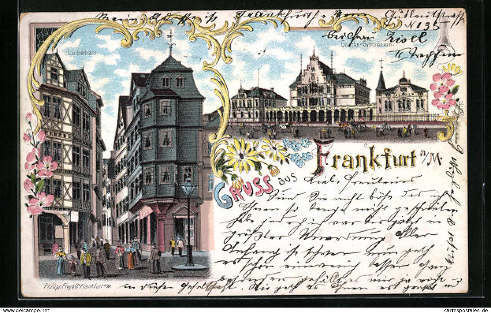 Lithographie Frankfurt A. M., Lutherhaus, Goethe-Gymnasium  - Frankfurt A. Main