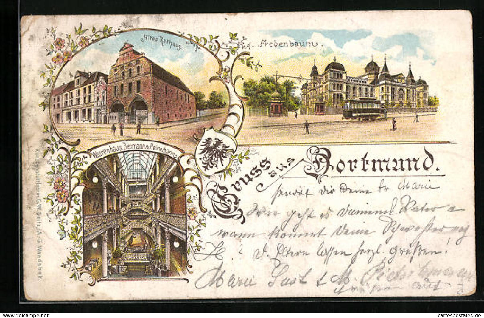 Lithographie Dortmund, Altes Rathaus, Warenhaus Biermann & Heinemann, Fredenbaum  - Dortmund