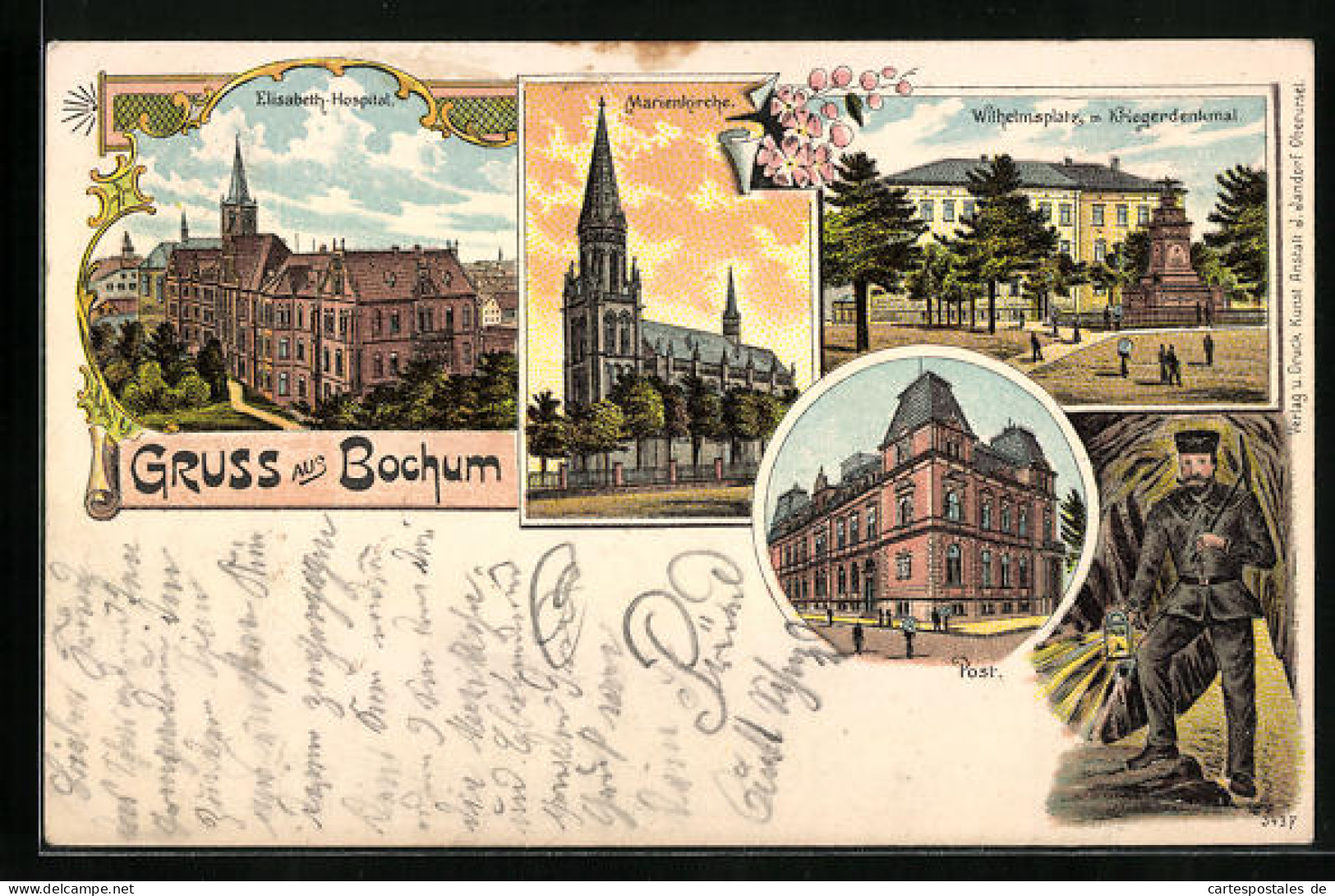 Lithographie Bochum, Elisabet-Hospital, Marienkirche, Kumpel Untertage  - Bochum