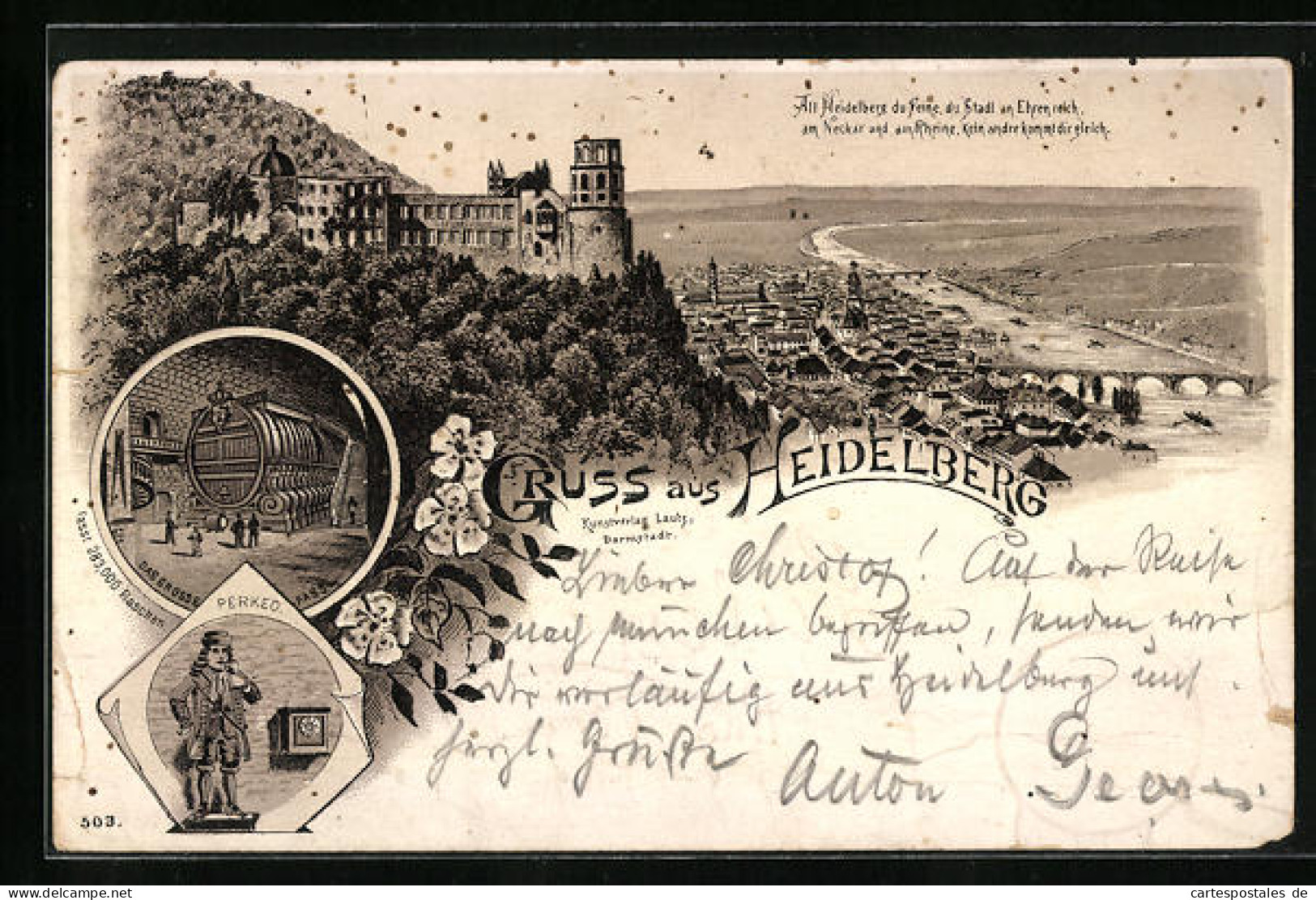 Vorläufer-Lithographie Heidelberg, Das Gr. Fass, Perkeo, Panorama, 1895  - Heidelberg