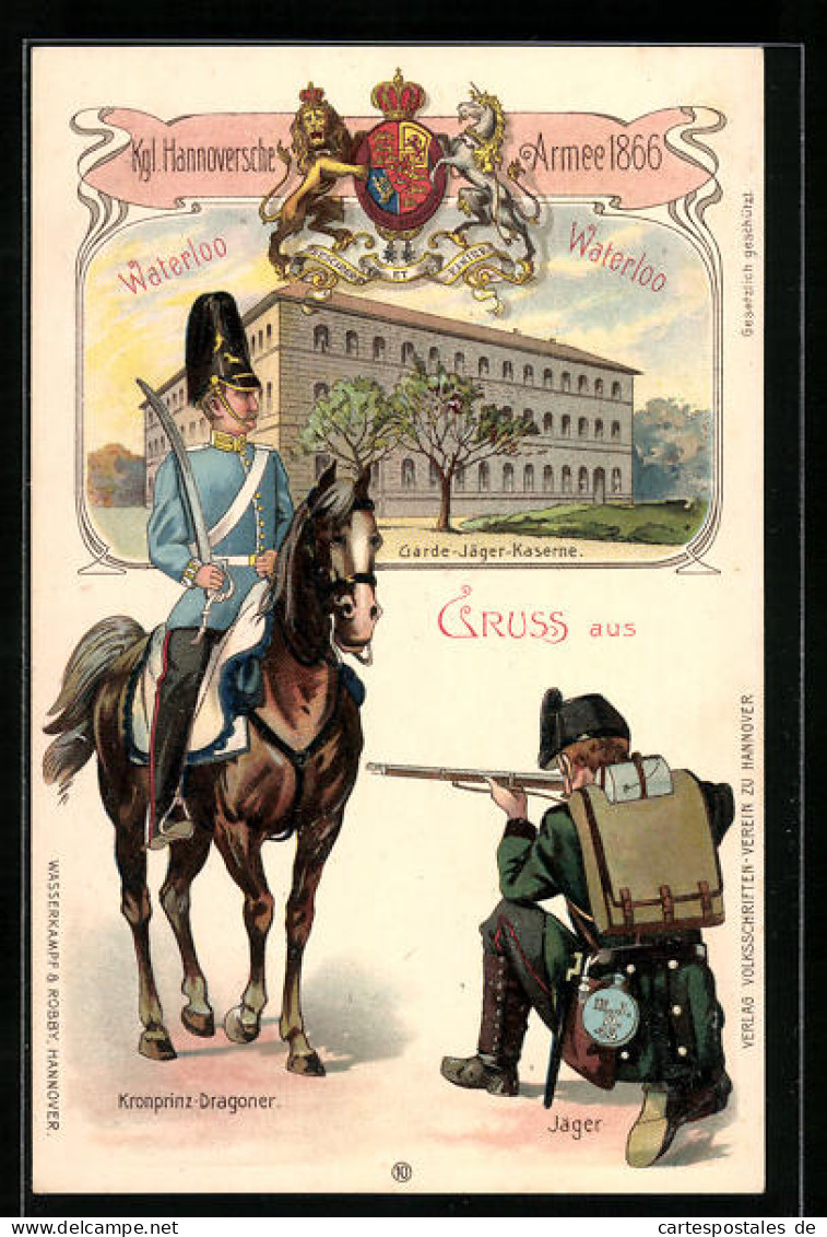 Lithographie Hannover, Kgl. Hannoversche Armee 1866, Kronprinz-Dragoner, Jäger  - Regiments