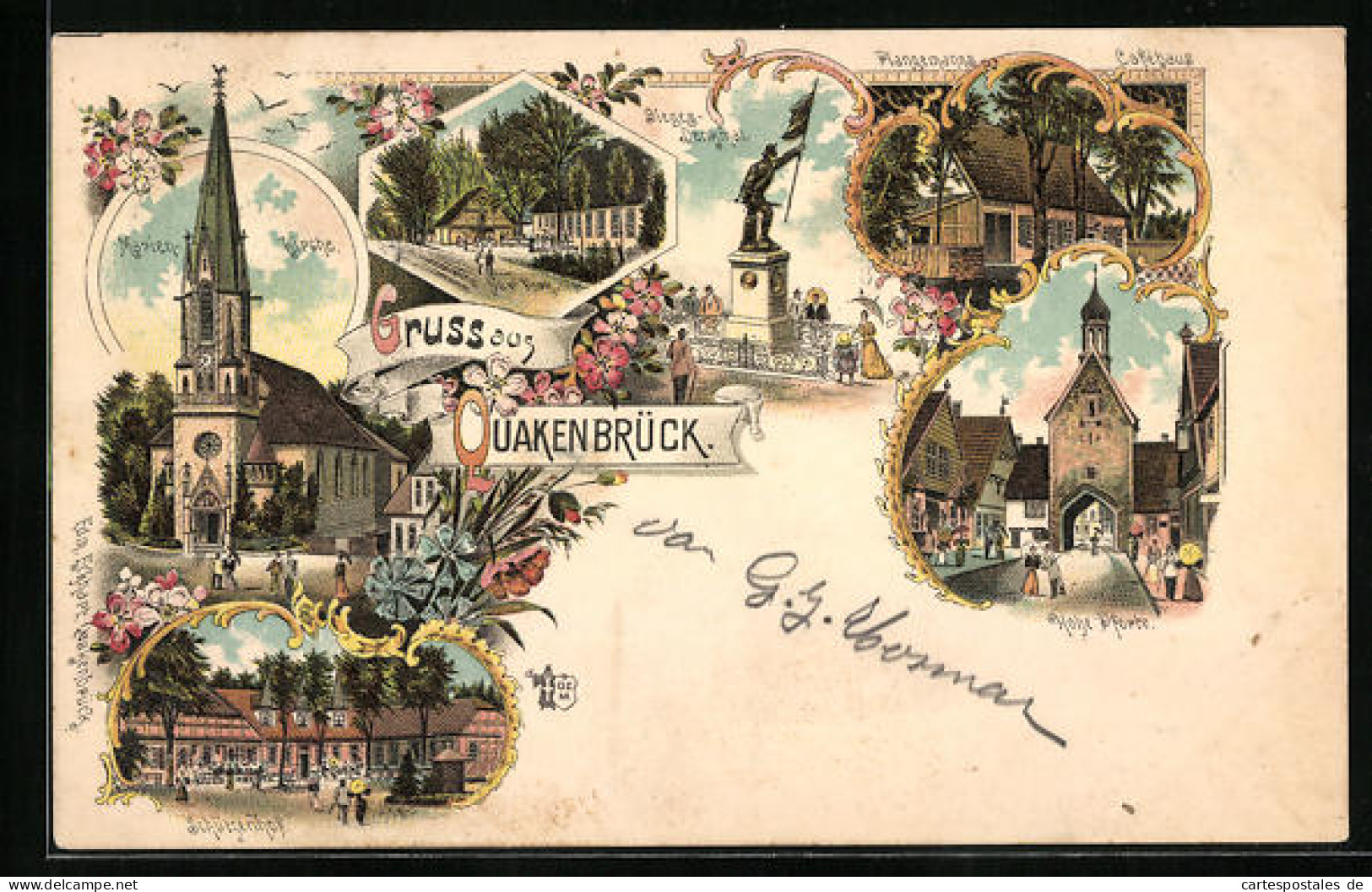 Lithographie Quakenbrück, Gasthaus Schützenhof, Plangemann`s Cafe, New York  - Quakenbrueck