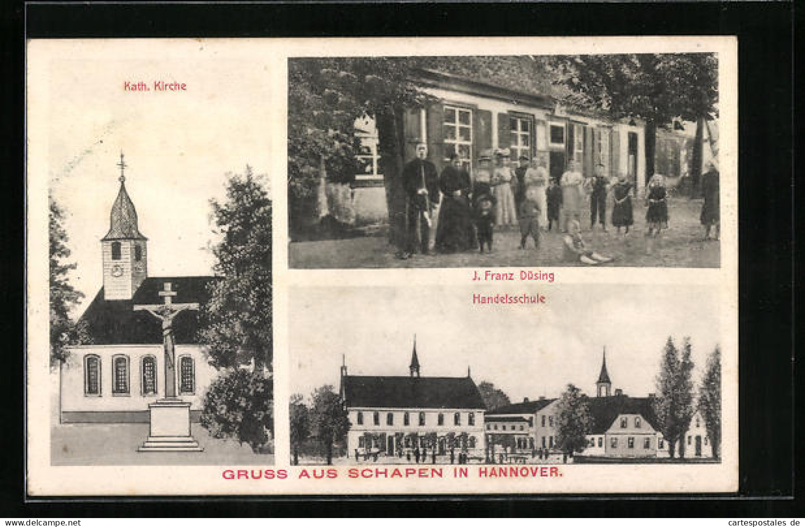 AK Schapen / Lingen, Geschäft V. J. Franz Düsing, Handelsschule, Kath. Kirche  - Lingen