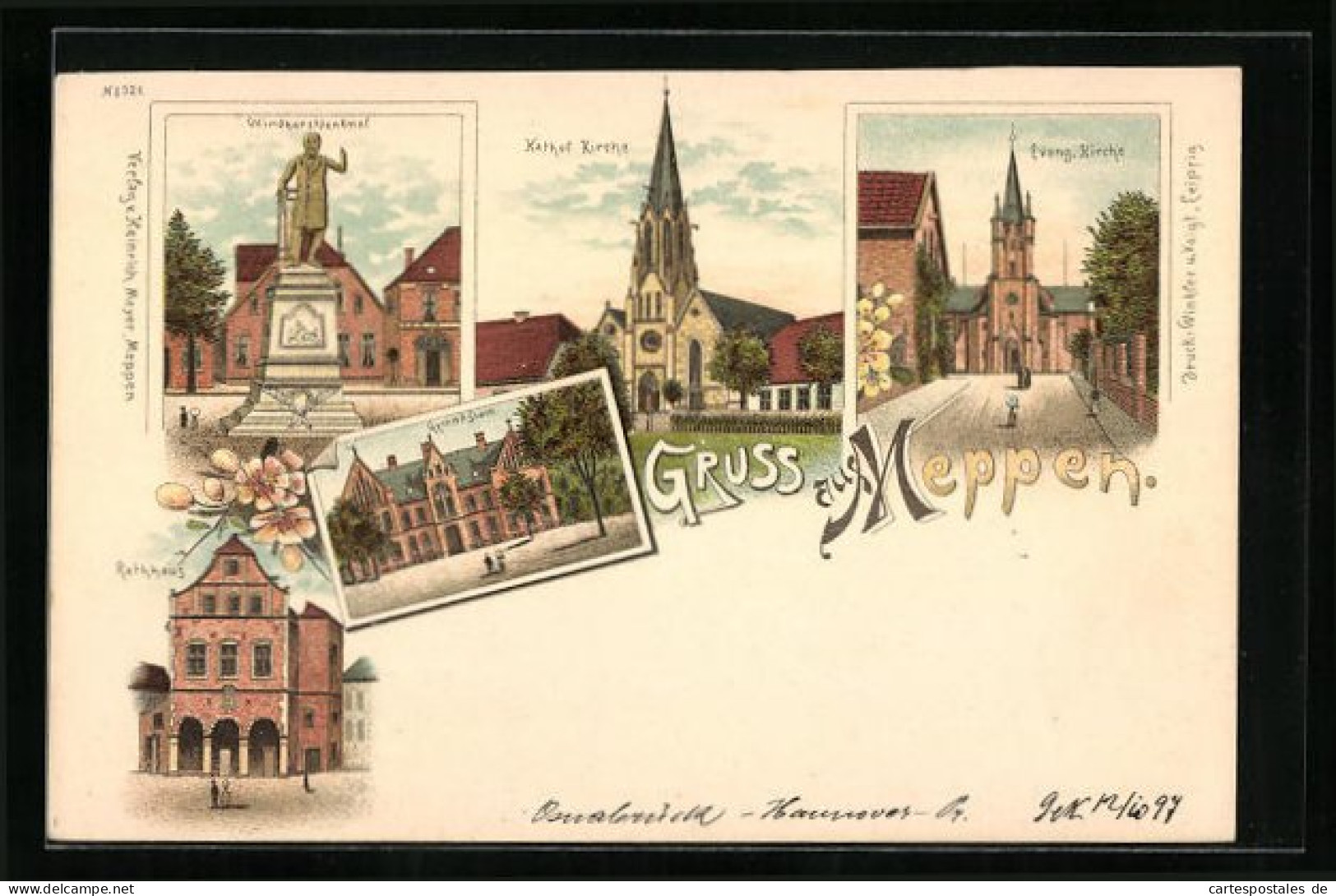 Lithographie Meppen, Gymnasium, Evang. Kirche, Windhorstdenkmal  - Meppen