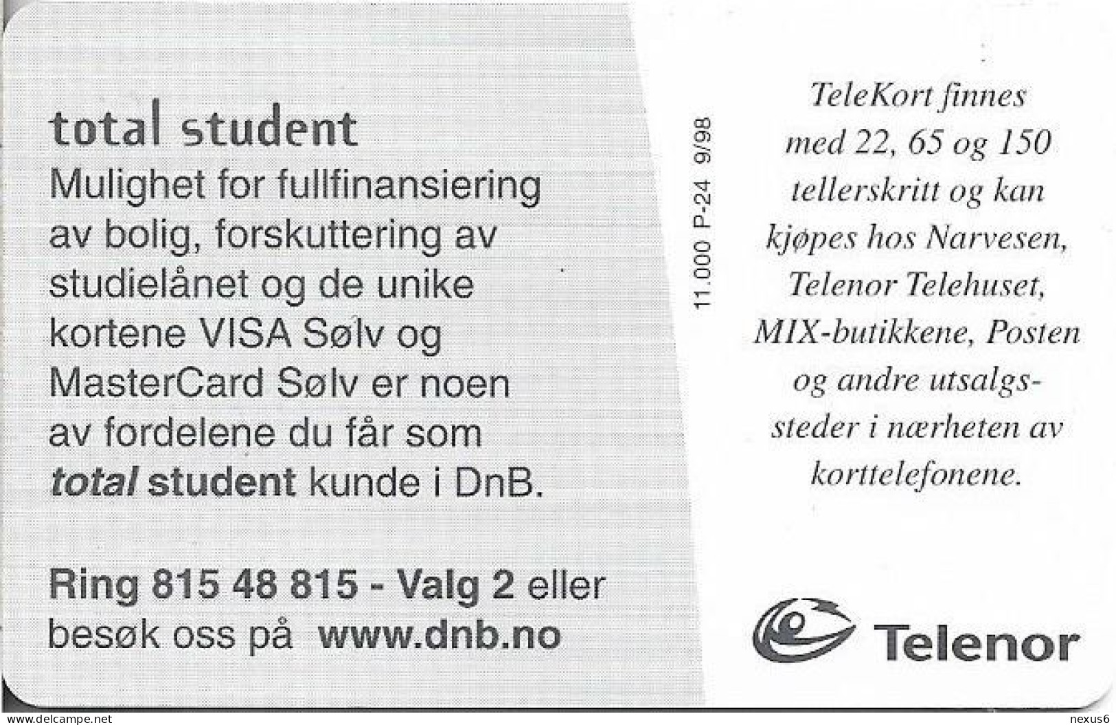 Norway - Telenor - DnB Total - P-24 - 09.1998, 10U, 11.000ex, Mint - Noruega