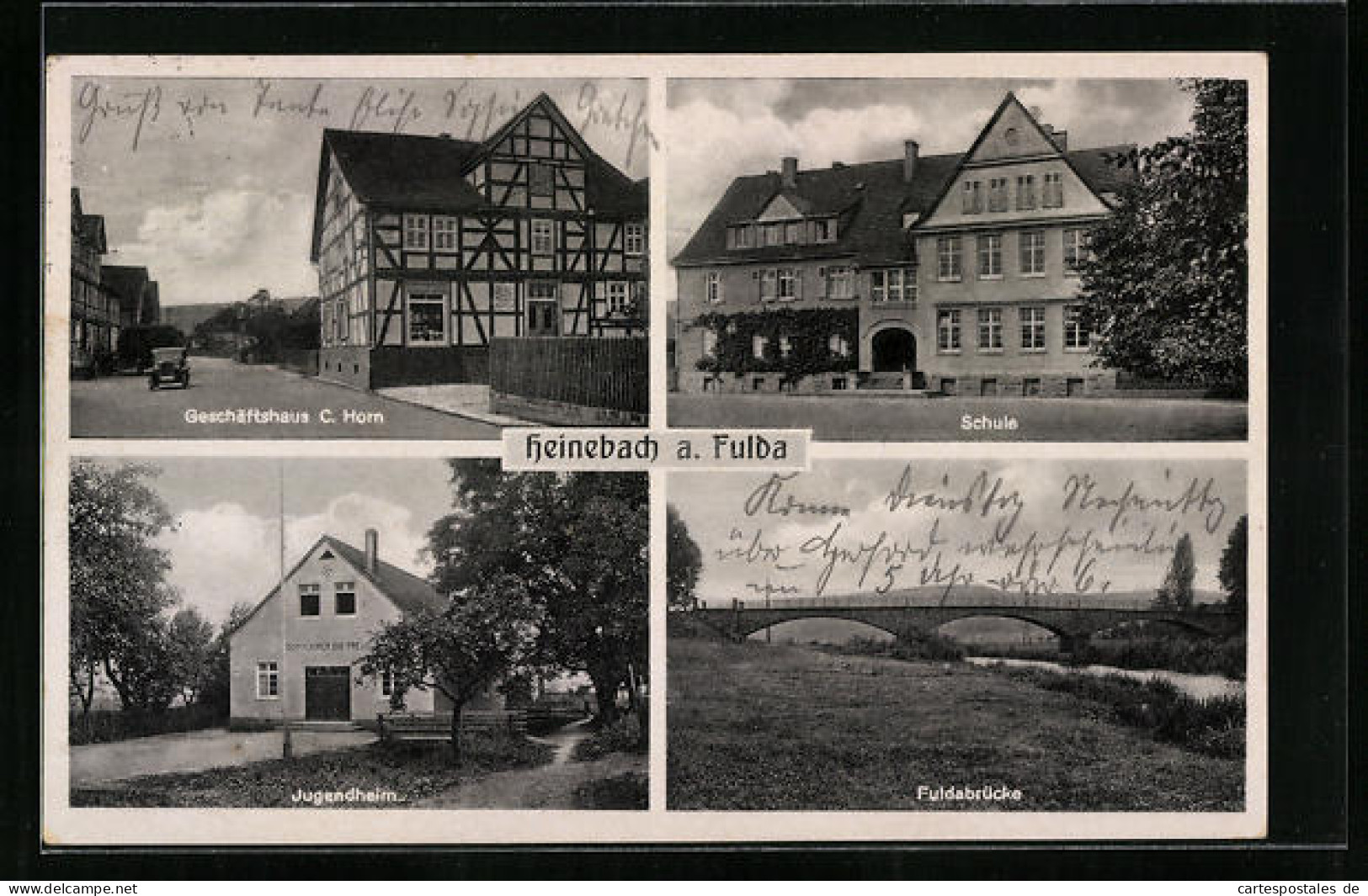 AK Heinebach A. Fulda, Schule, Geschäftshaus C. Horn, Jugendheim, Fuldabrücke  - Fulda