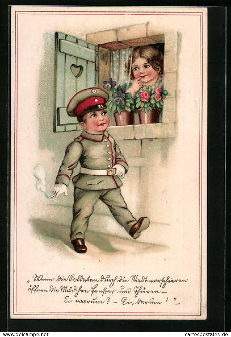 Lithographie Kinder Kriegspropaganda, Junge In Uniform Mit Zigarette Vor Dem Fenster  - War 1914-18