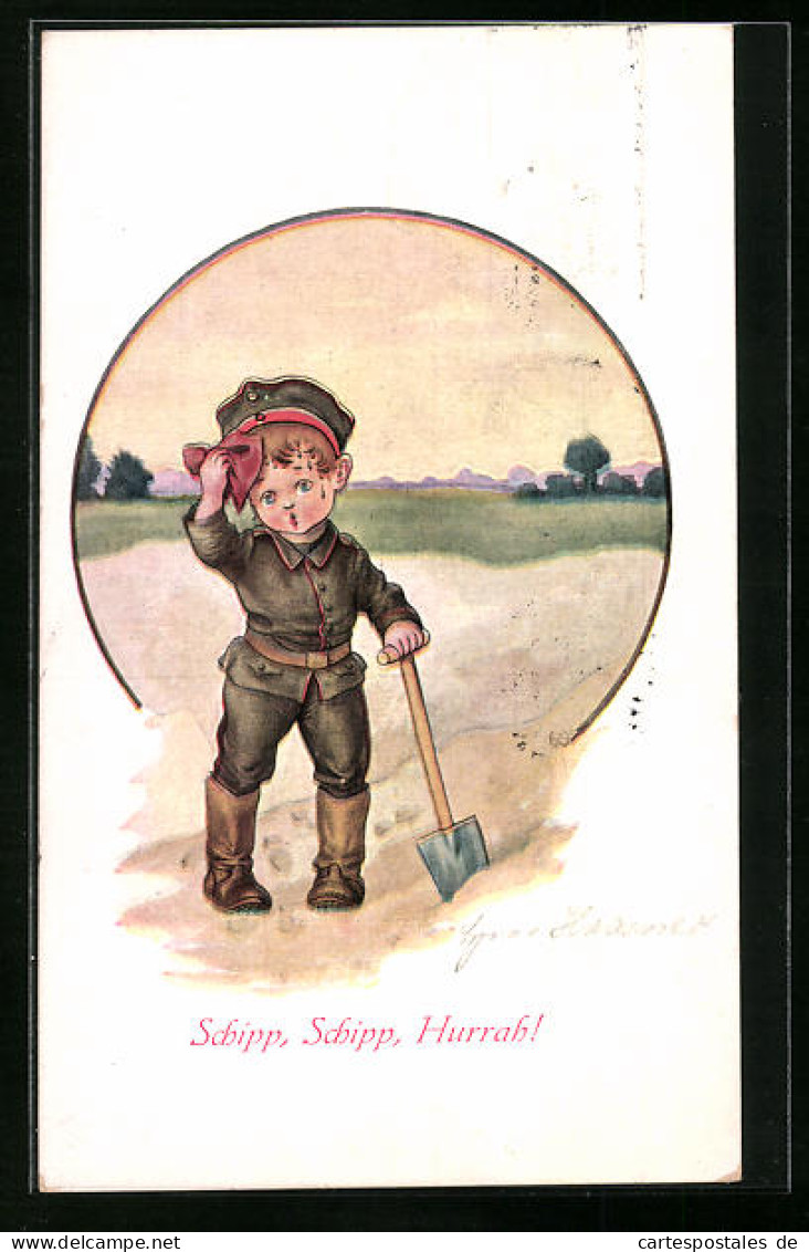 Künstler-AK Kinder Kriegspropaganda, Kind In Uniform, Schipp, Schipp, Hurrah!  - War 1914-18