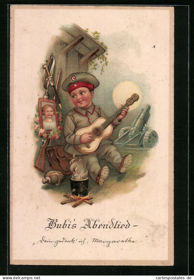 Lithographie Bubis Abendlied, Junge Singt Für Die Freundin, Kinder Kriegspropaganda  - Guerre 1914-18