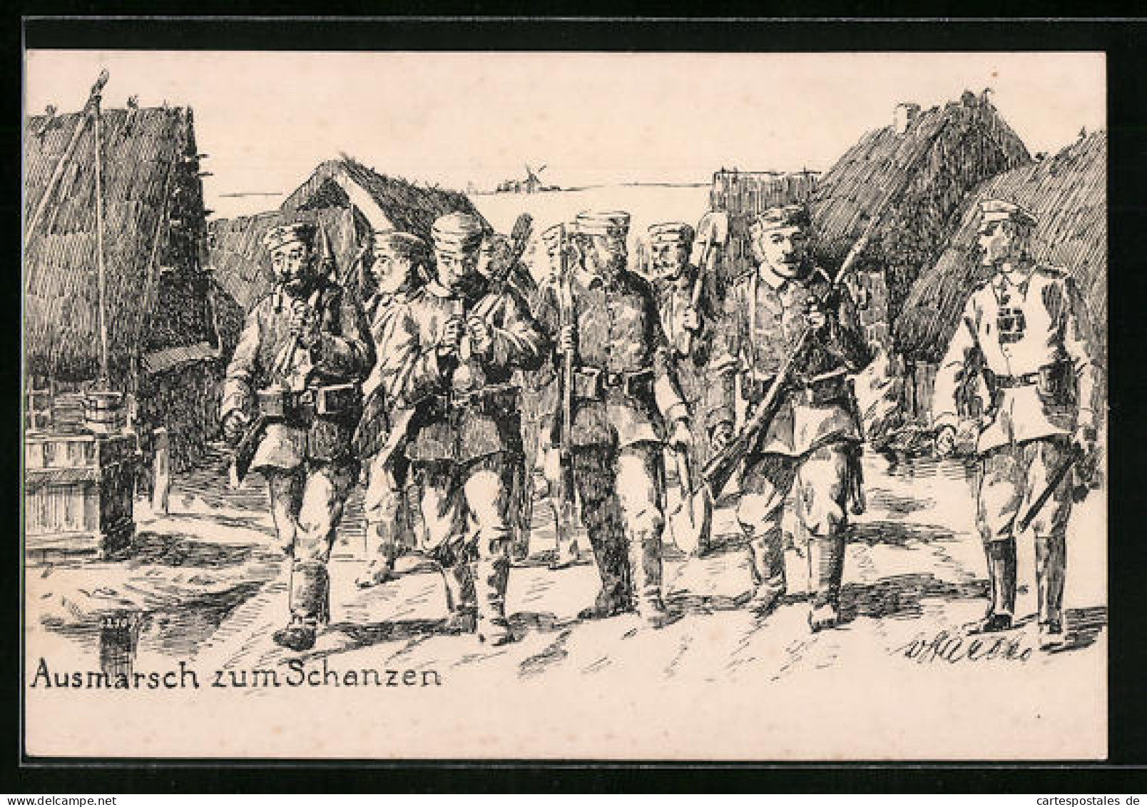 Künstler-AK Infanterie, Ausmarsch Zum Schanzen, In Uniform Mit Gewehren  - War 1914-18