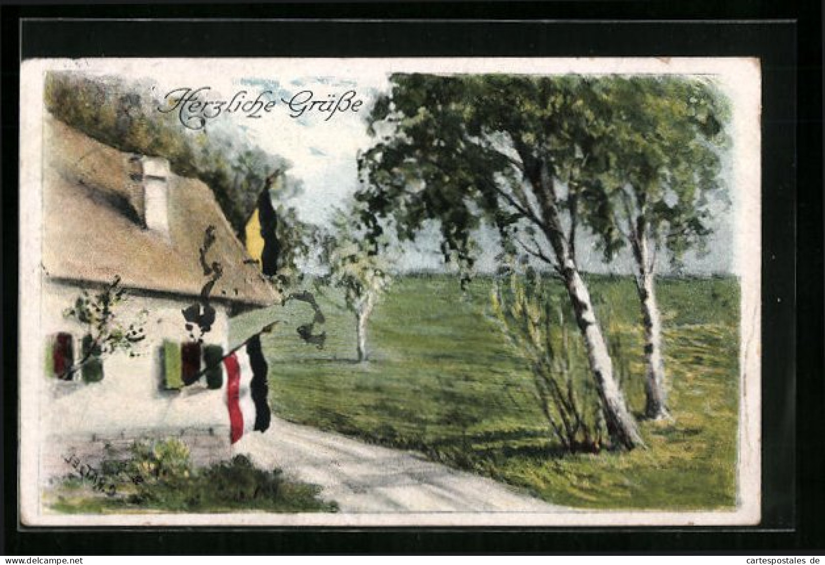 Künstler-AK Zweibund, Haus Mit Fahnen Beider Nationen  - Guerre 1914-18