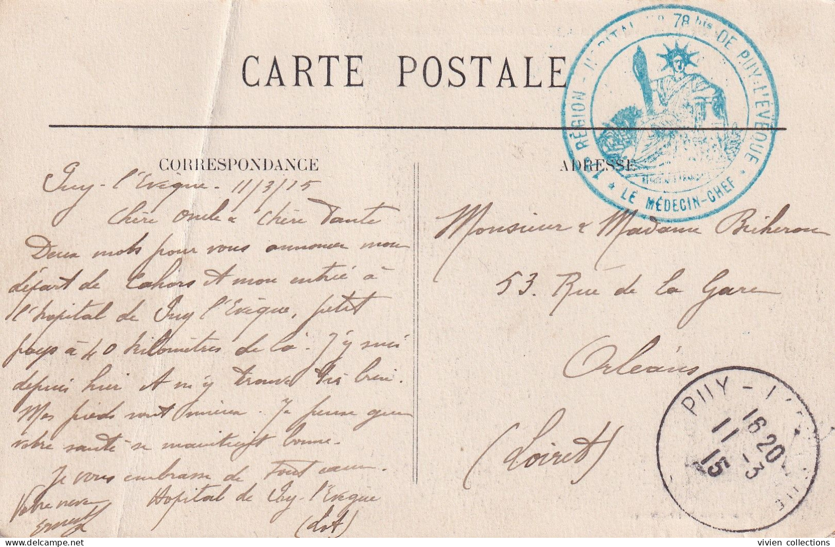 Puy L'Evêque (46) Tampon 17eme Région Hôpital N° 78 Bis En 1915 (transfert De Cahors) - Guerre De 1914-18