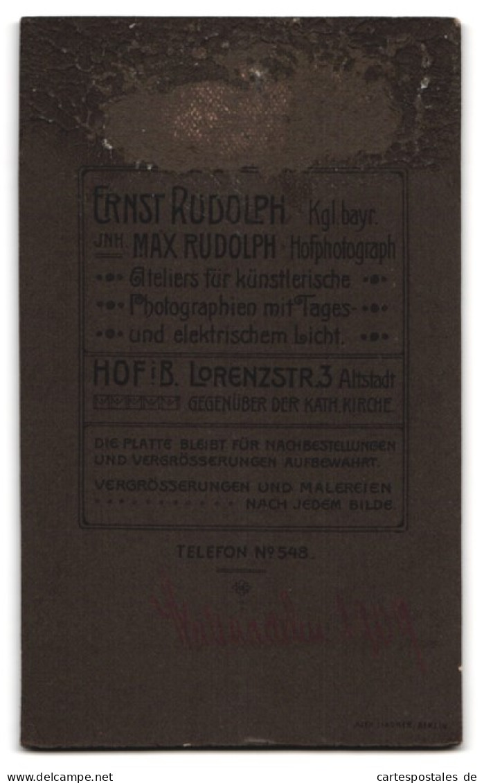 Fotografie Ernst Rudolph, Hof I. B., Lorenzstr. 3, Bürgerlicher Herr Mit Schnurrbart Und Fliege  - Anonymous Persons