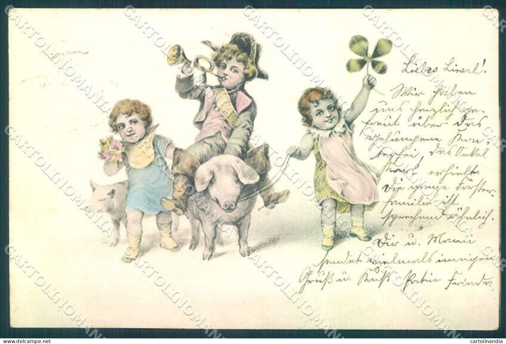 Greetings Augurali Pig Children Four Leaf Clover PFB Serie 3053 Postcard TW1554 - Otros & Sin Clasificación