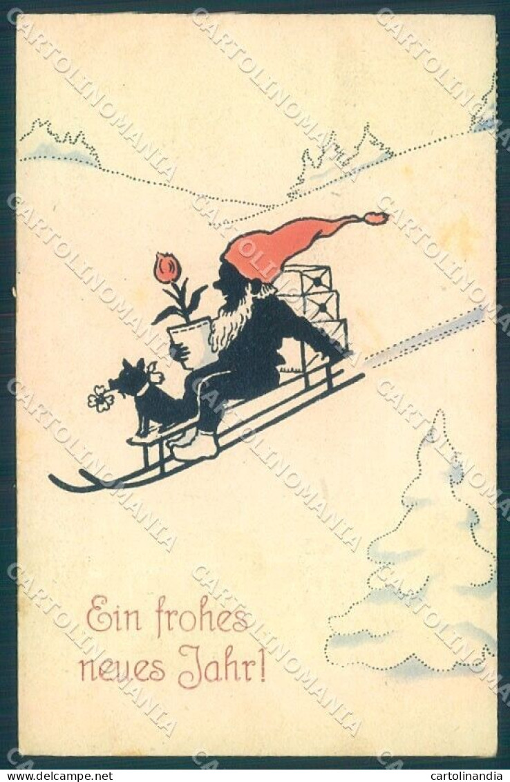 New Year Gnome Sleigh Flower Silhouette HWB 1986 Cartolina Postcard TW1485 - Otros & Sin Clasificación
