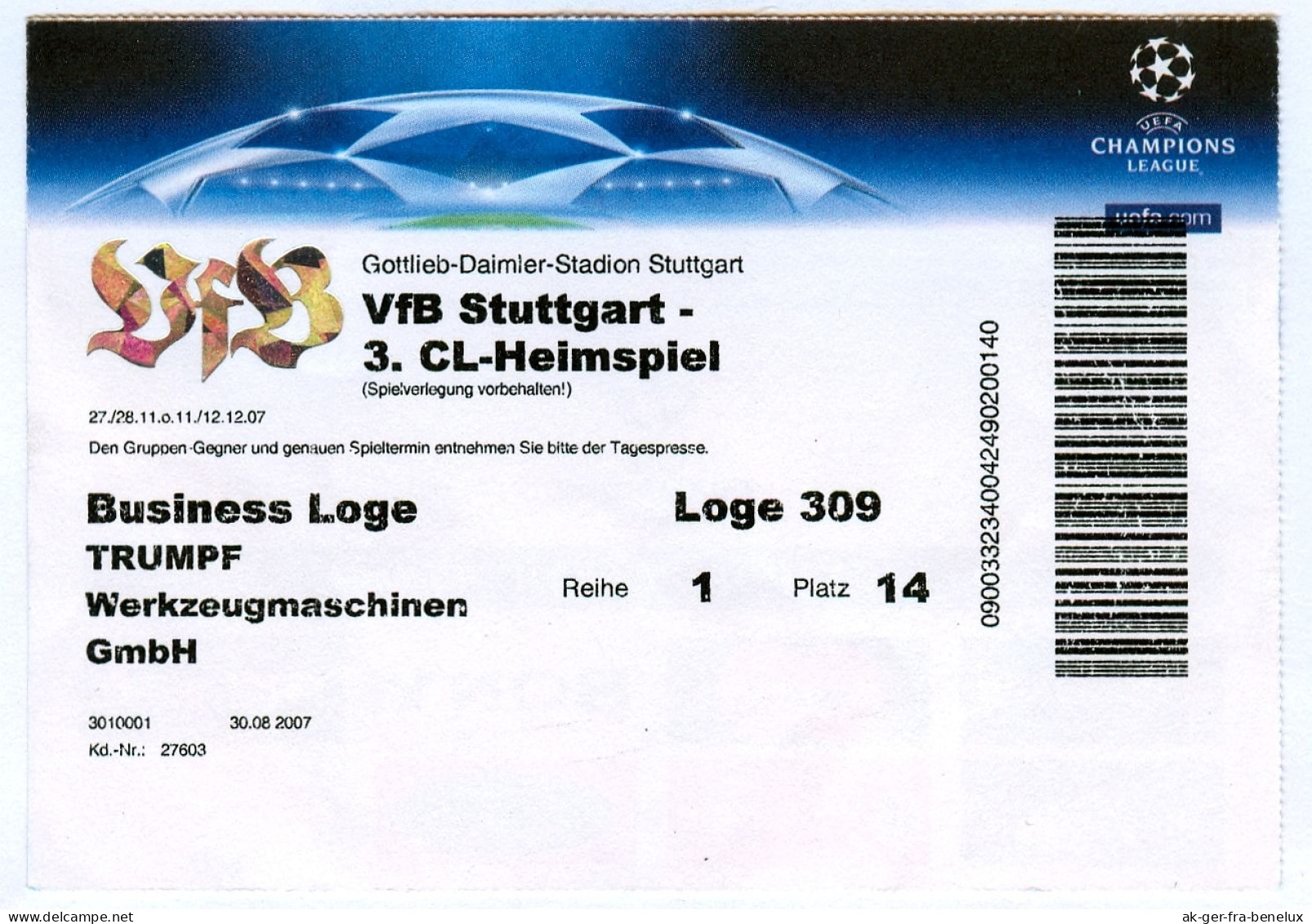 Fußball Eintrittskarte Ticket VfB Stuttgart Vs Glasgow Rangers 27. 11. 2007 Trumpf Teningen Football Schottland Scotland - Tickets D'entrée