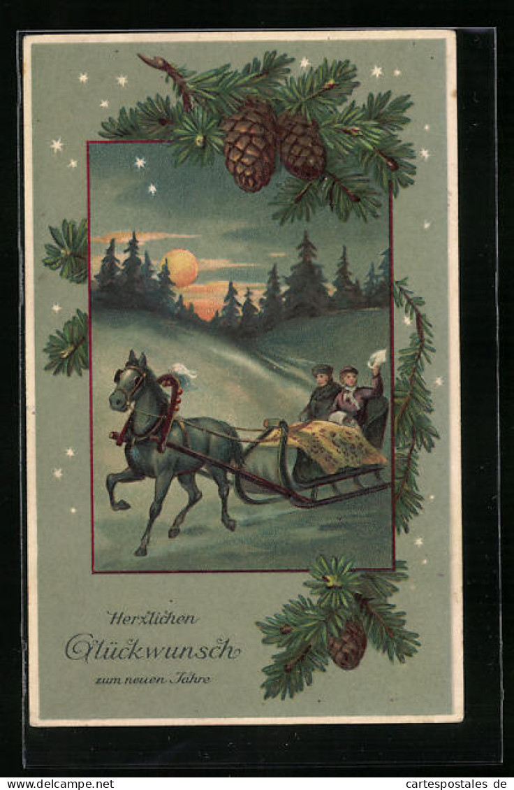 Präge-AK Paar Auf Pferdeschlitten Im Schnee Am Abend, Neujahrsgruss  - Pferde