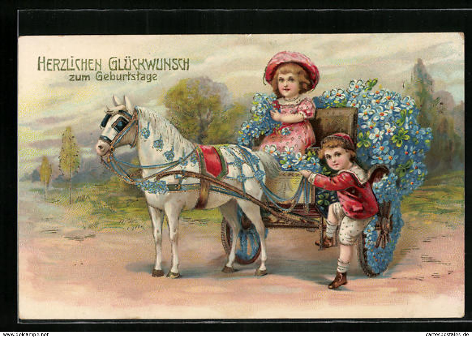 Künstler-AK Kinder Mit Blumengeschmücktem Ponywagen, Geburtstagsgruss  - Horses
