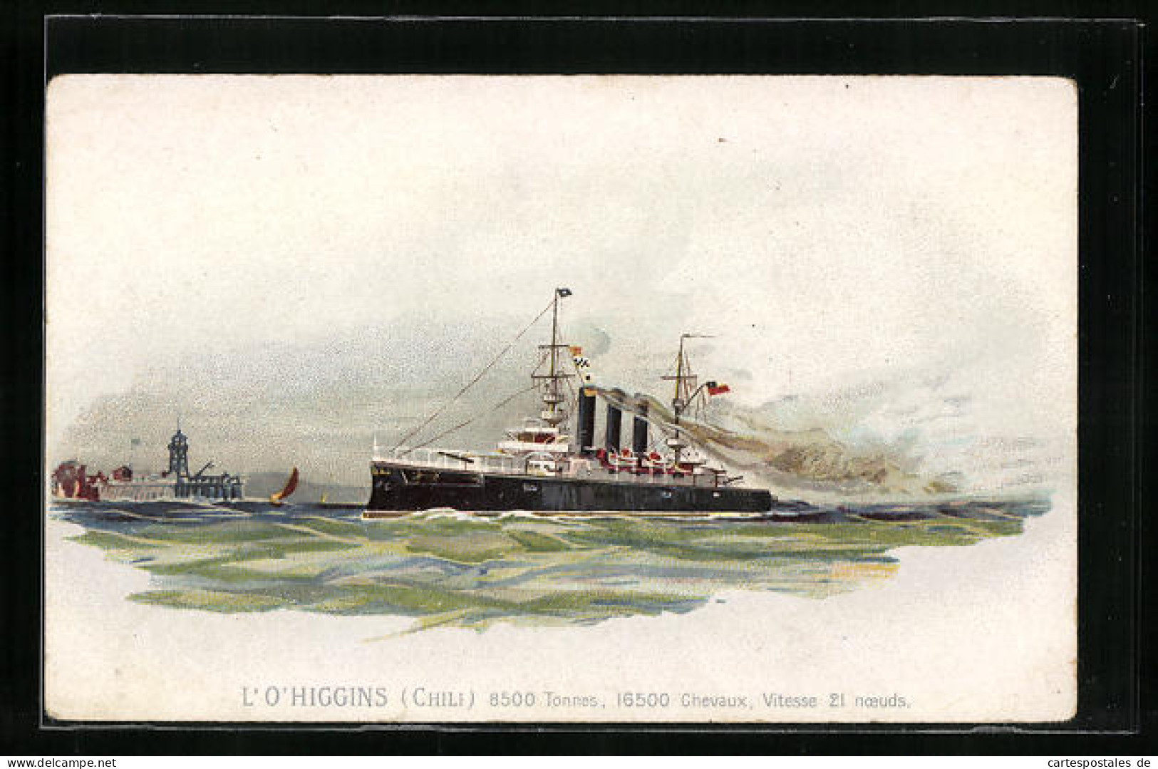 Lithographie Passagierschiff L`O`Higgins In Flaggengala Bei Der Hafeneinfahrt  - Dampfer