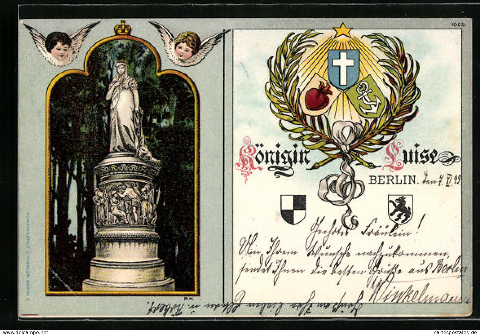 Lithographie Berlin, Gedenkkarte Für Königin Luise - Denkmal, Engel Und Wappen  - Tiergarten
