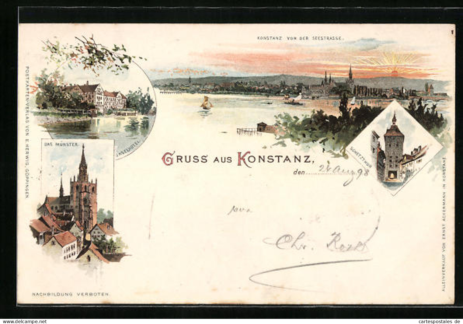Lithographie Konstanz, Münster, Schetzthor Und Inselhotel  - Konstanz