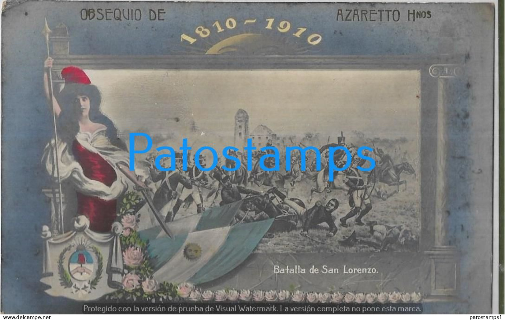 227263 ARGENTINA CENTENARY CENTENARIO PATROTIC FLAG HERALDRY BATALLA DE SAN LORENZO PUBLICITY AZARETTO HNOS POSTCARD - Argentinië