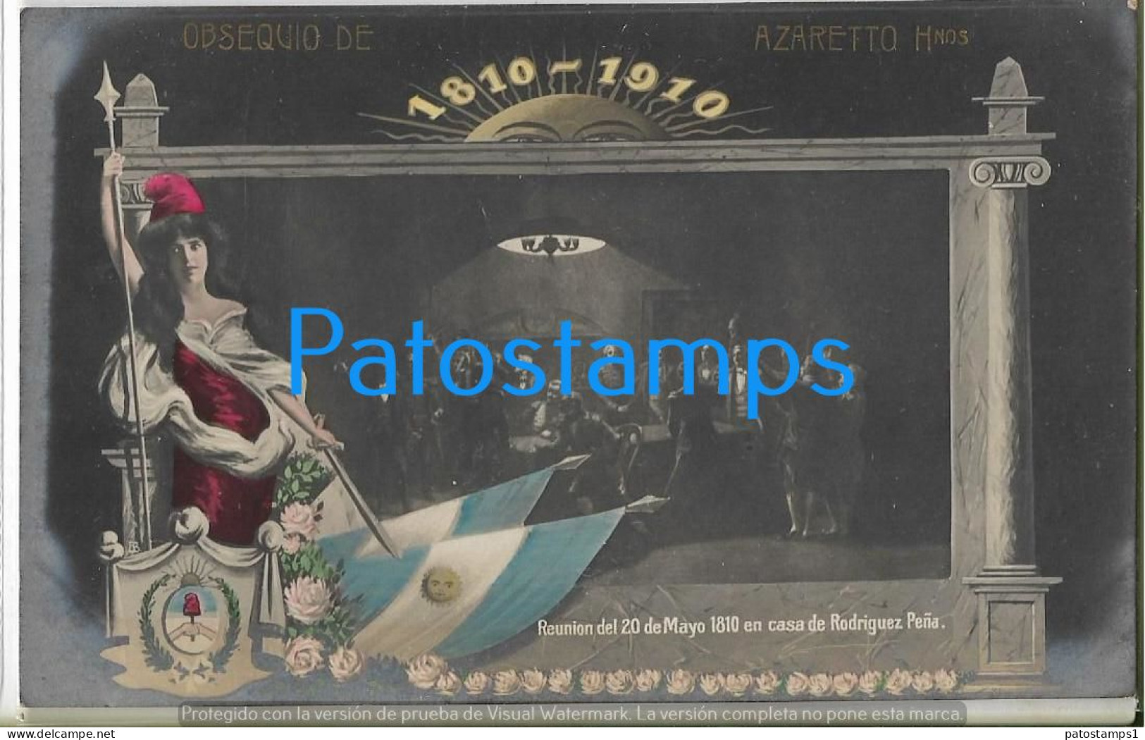 227264 ARGENTINA CENTENARY PATROTIC FLAG HERALDRY REUNION 1810 RODRIGUEZ PEÑA PUBLICITY AZARETTO HNOS POSTCARD - Argentine