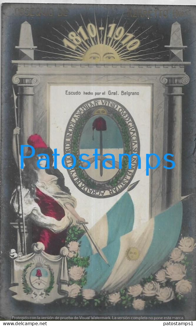 227265 ARGENTINA CENTENARY PATROTIC FLAG HERALDRY ESCUDO POR GRAL BELGRANO PUBLICITY AZARETTO HNOS POSTCARD - Argentine