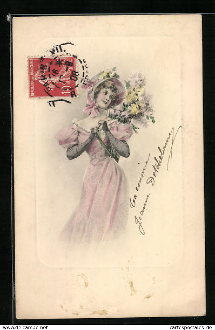 Künstler-AK M. Munk Nr. 276: Frau Im Rosa Kleid Mit Einem Blumenstrauss  - Other & Unclassified