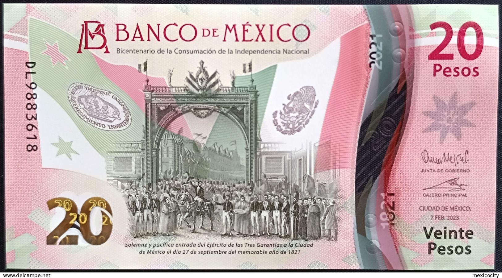 MEXICO $20 ! SERIES DL NEW 7-FEBR-2023 DATE ! Omar Mejia Sign. INDEPENDENCE POLYMER NOTE Read Descr. For Notes - Mexico