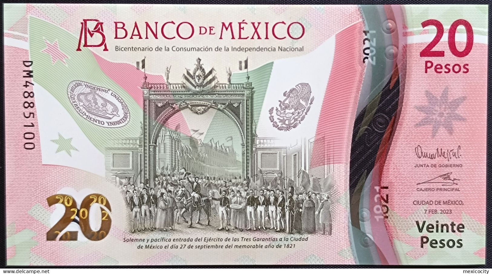 MEXICO $20 ! SERIES DM NEW 7-FEBR-2023 DATE 5 SIGNATURE SET INDEPENDENCE POLYMER NOTE Read Descr. For Notes - Mexico