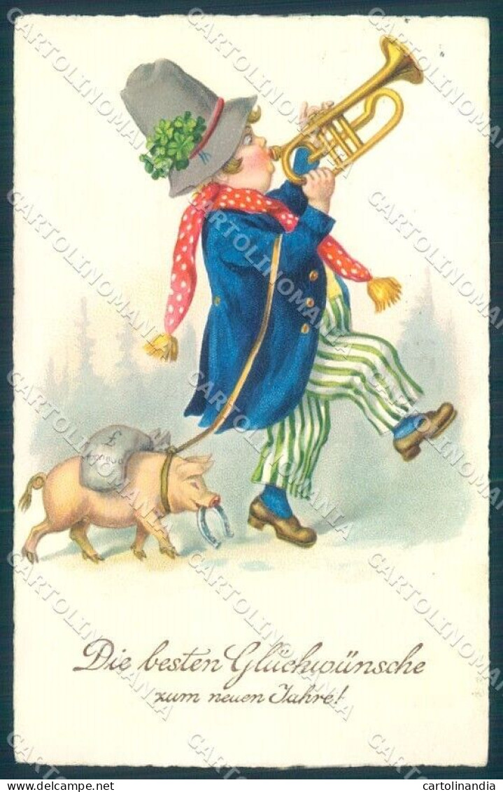 Artist Signed Pig Man Playing Trumpet Horseshoe EAS 1355 Postcard TW1408 - Autres & Non Classés