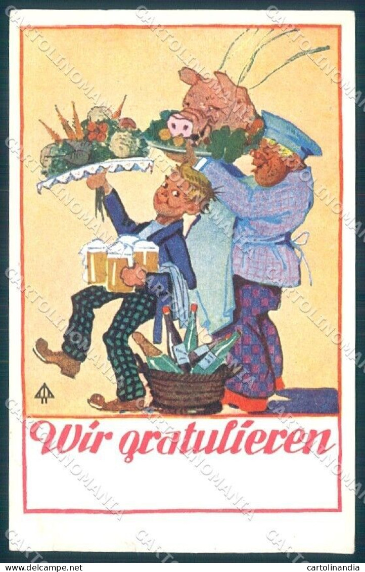 Artist Signed Pig Child Man Beer Greetings CORNER CREASE Postcard TW1406 - Autres & Non Classés