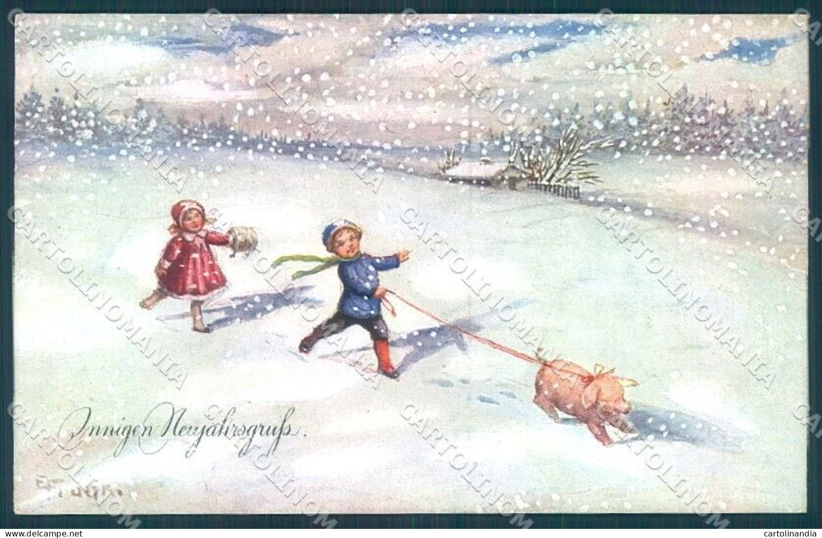 Artist Signed Frank New Year Pig Child Serie 507/VI Cartolina Postcard TW1398 - Other & Unclassified