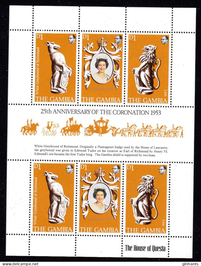 GAMBIA - 1978 CORONATION ANNIVERSARY SHEETLET (3V X 2) FINE MNH ** SG 397-399 X 2 - Gambia (1965-...)