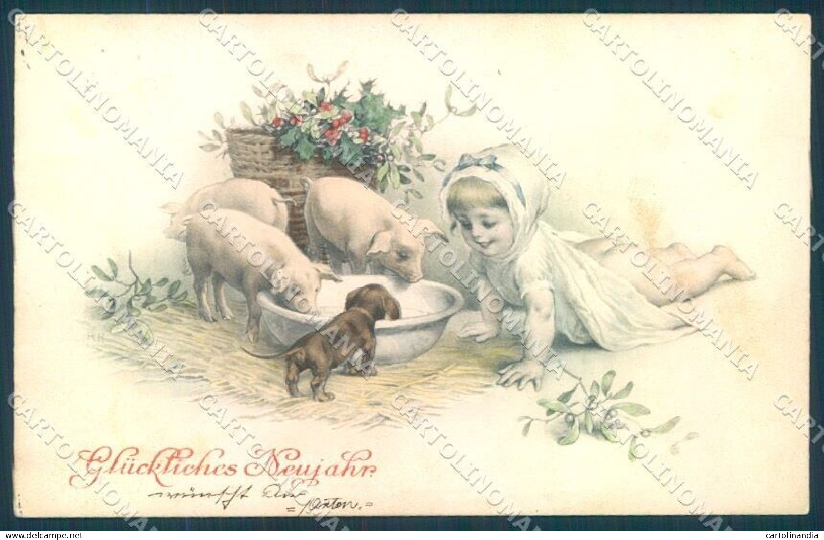 Animals Dog Puppy Pig Child Mistletoe New Year Serie 95301 Postcard TW1256 - Autres & Non Classés
