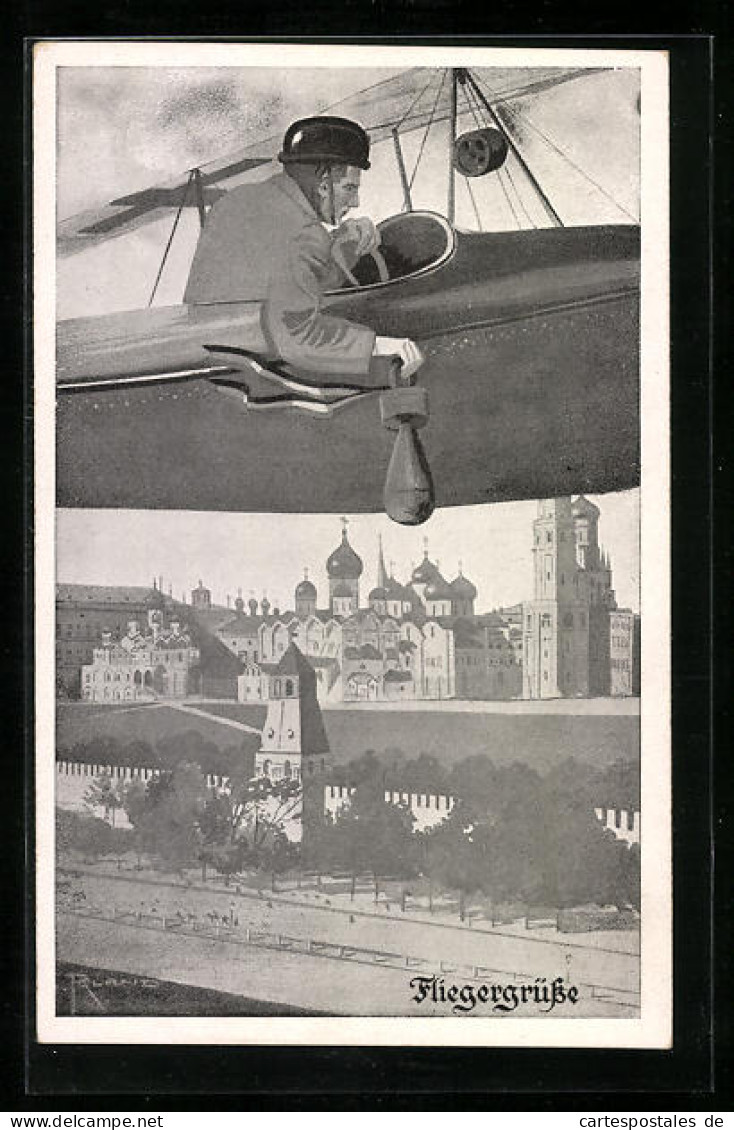 Künstler-AK Deutscher Pilot Eines Militärflugzeuges Beim Abwurf Einer Handgranate über Einer Stadt  - 1914-1918: 1st War