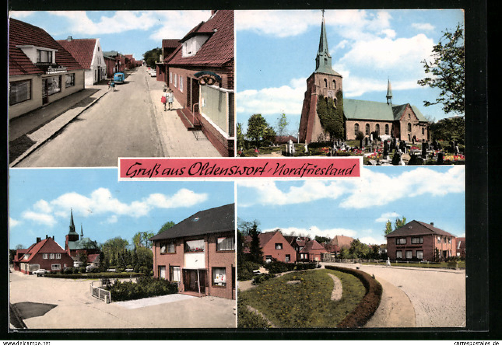 AK Oldenswort /Nordfriesland, Strassenpartie Mit Geschäften, Kirche Mit Friedhof, Strassenpartie  - Nordfriesland