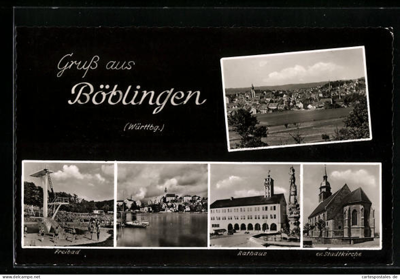 AK Böblingen /Württbg., Ortsansicht, Freibad, Rathaus, Ev. Stadtkirche  - Boeblingen