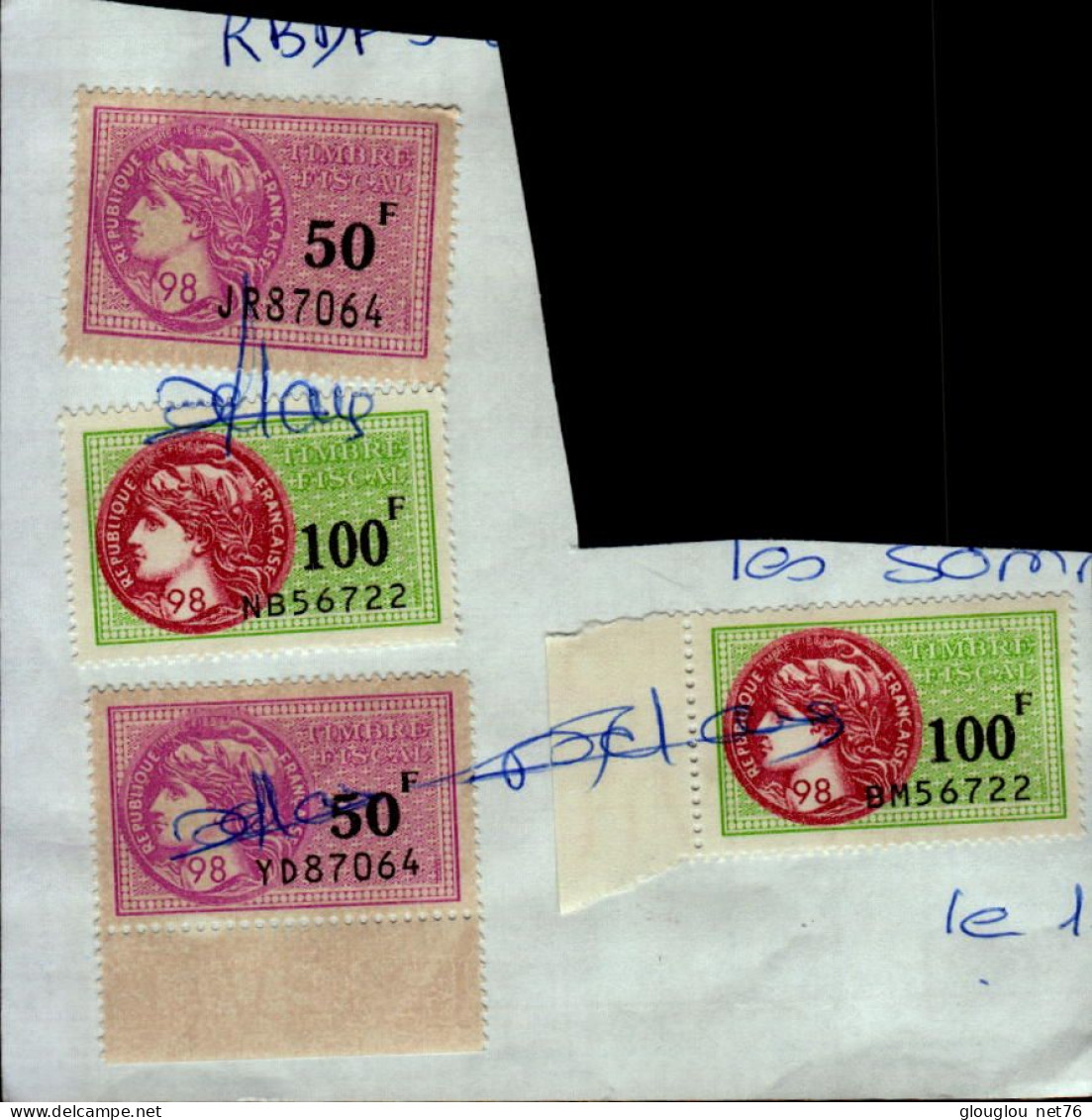 2 TIMBRES FISCAUX A 100F ET 2 TIMBRES FISCAUX A 50 F  COLLES SUR UNE FEUILLE - Timbres