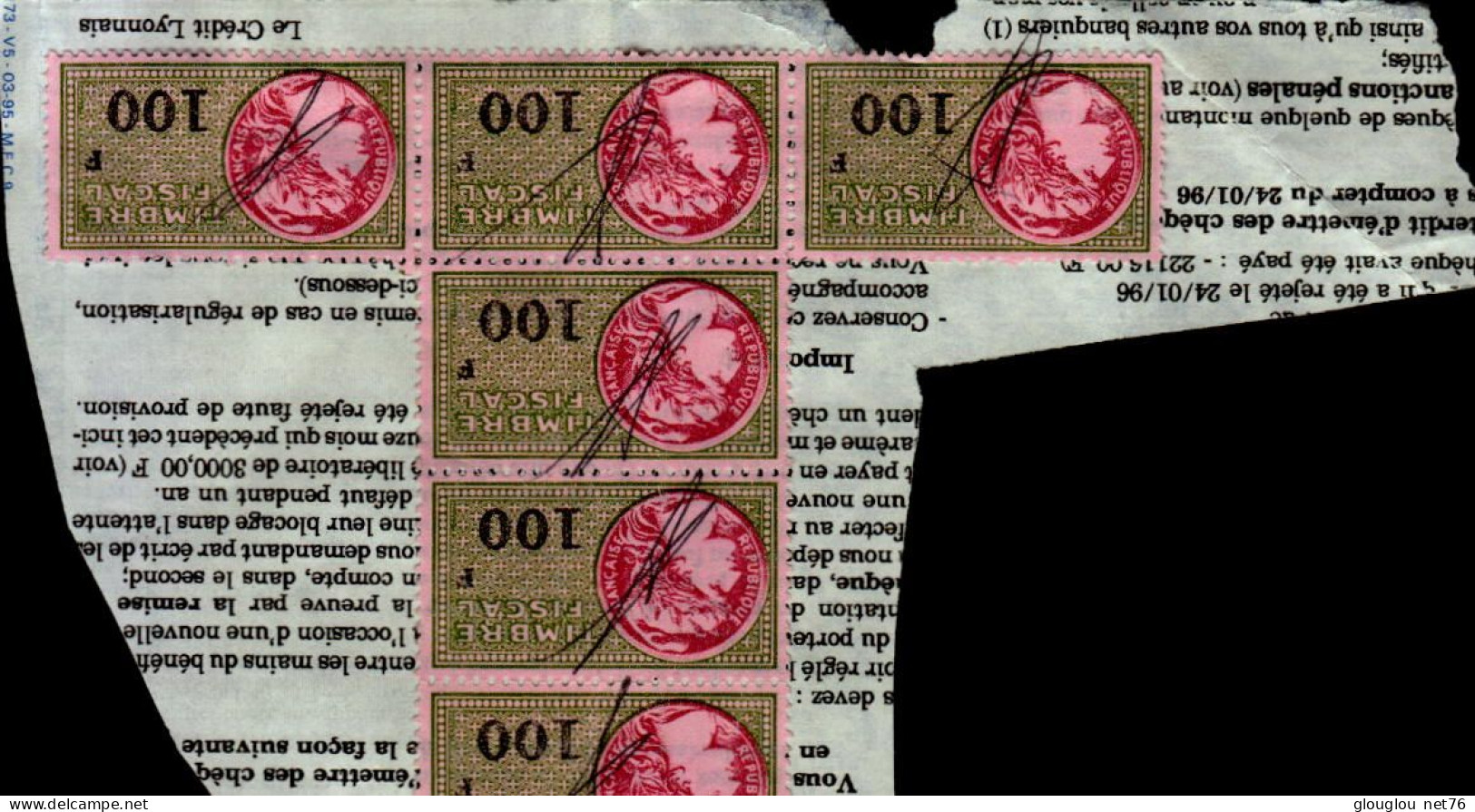 6 TIMBRES FISCAUX A 100F  COLLES SUR UNE FEUILLE - Stamps