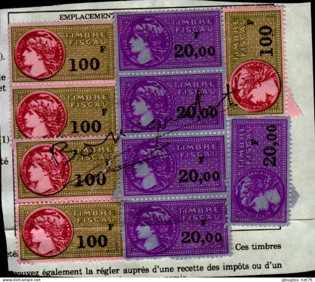 5 TIMBRES FISCAUX A 100F ET 5 TIMBRES A 20 F  COLLES SUR UNE FEUILLE - Timbres