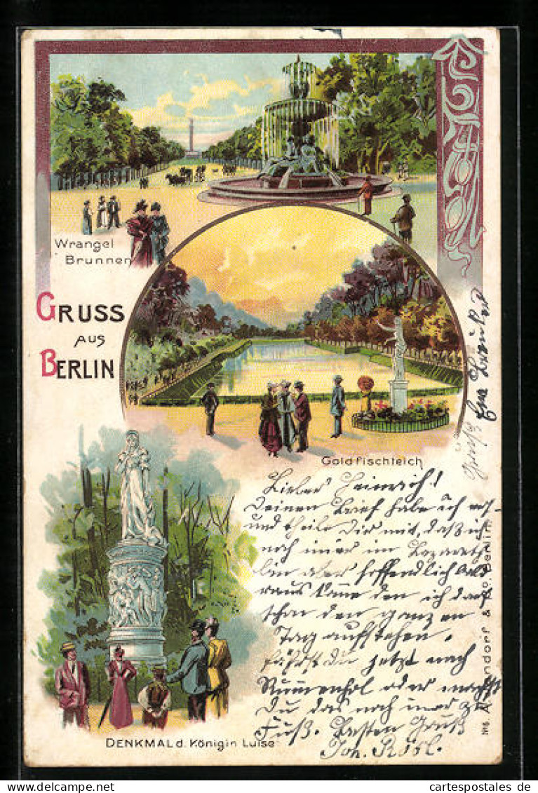 Lithographie Berlin-Tiergarten, Goldfischteich, Wrangel-Brunnen, Denkmal Königin Luise  - Tiergarten
