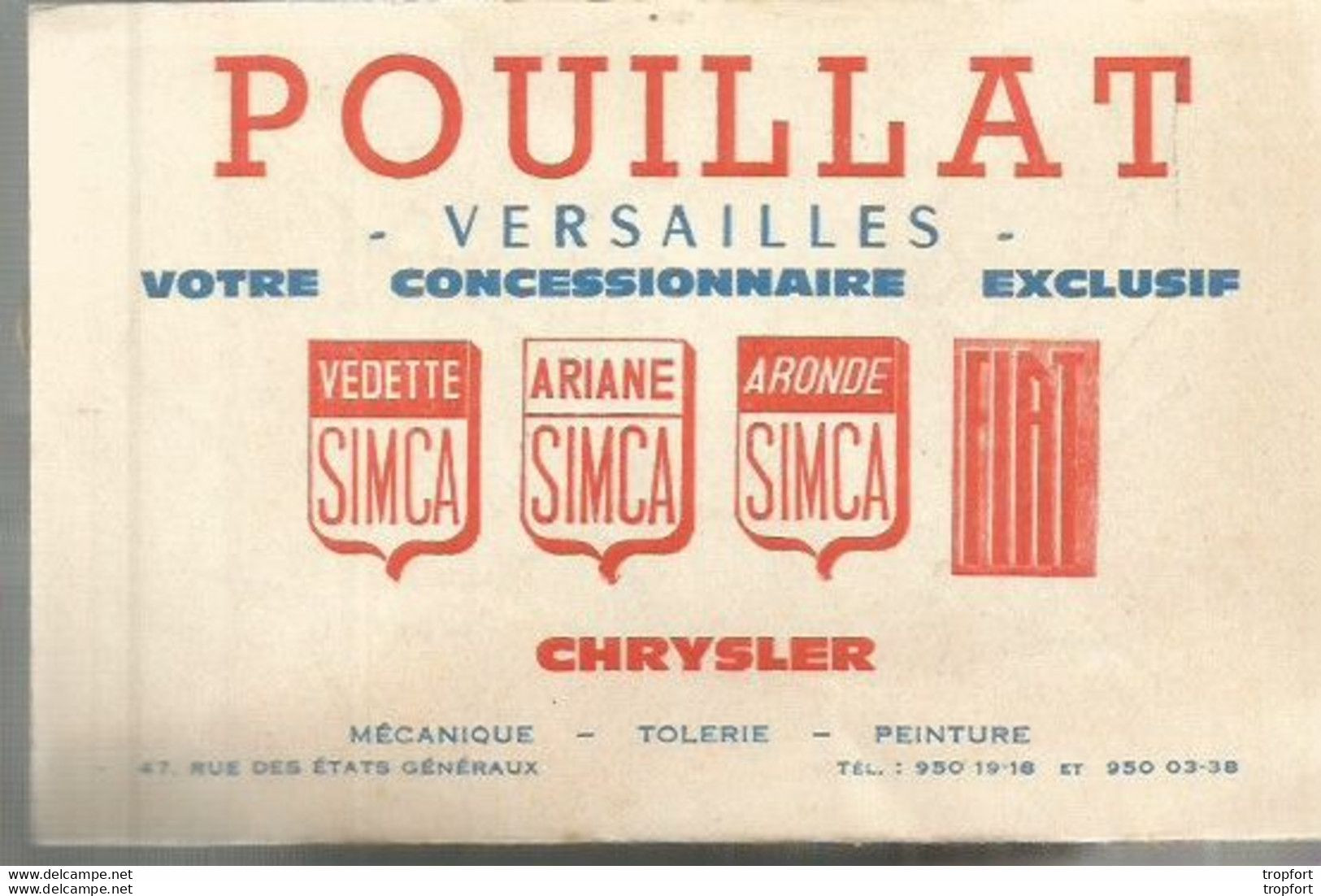 PZ / Feuillet PUBLICITAIRE Pub PLAN METRO POUILLAT Versailles SIMCA ARONDE ARIANE VEDETTE FIAT CHRYSLER - Werbung