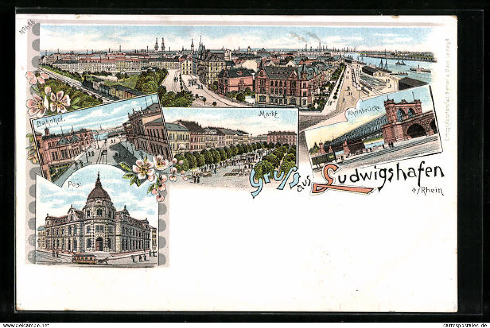 Lithographie Ludwigshafen A. Rh., Ortsansicht, Bahnhof, Markt, Rheinbrücke, Post  - Ludwigshafen